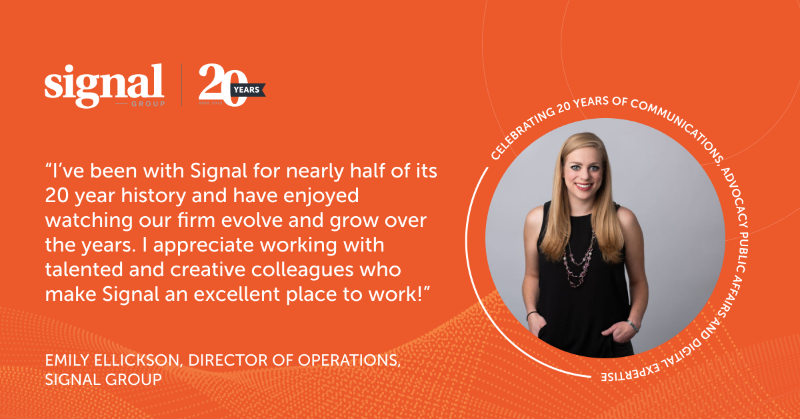 signalgroupdc's tweet photo. As Signal celebrates its 20th anniversary, our team will share our perspectives on the company's two decades of serving clients. Director of Operations Emily Ellickson shares her thoughts on #Signal20: