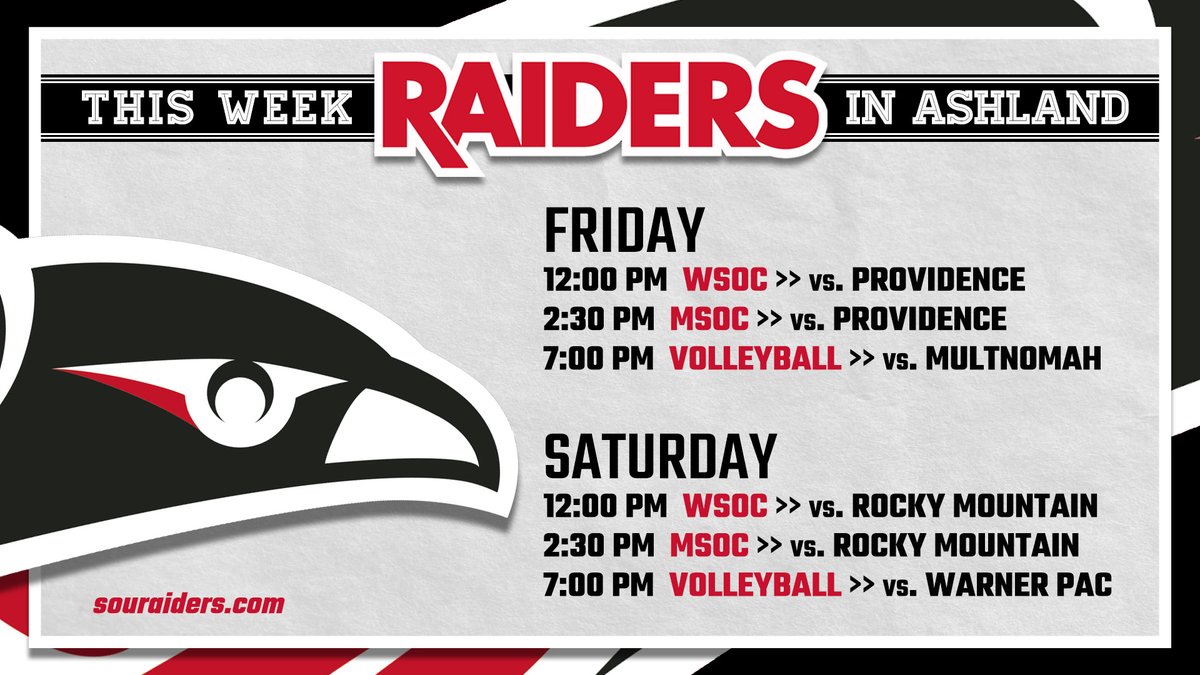 🗓️ <a href="/SOU_WSOC/">Southern Oregon University Women’s Soccer</a>, <a href="/SOUMensSoccer/">SOU Raiders Men’s Soccer</a> and <a href="/RaiderVB/">SOU Volleyball</a> are all home this weekend 🔴⚪️⚫️