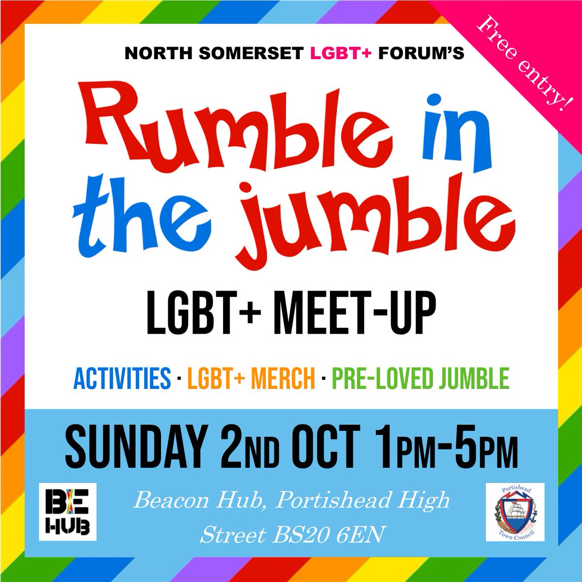 We are thrilled to be holding an LGBT+ meet-up event in the Beacon Hub, Portishead Methodist Church, Sun 2nd Oct 1-5pm. Join us to take part in activities, browse pre-loved jumble, or just chill out in a safe space! FAO @TTTPortishead @PortisheadTownC @PortisheadBloom