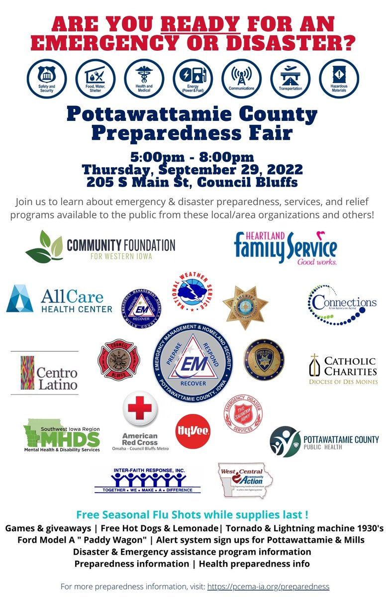 Tomorrow night is the Pottawattamie County Emergency Management's Preparedness Fair! Stop by to learn about emergency and disaster preparedness, services, and relief programs available to our community from numerous organizations.

5pm-8pm
Sept. 29
205 S Main St | Council Bluffs