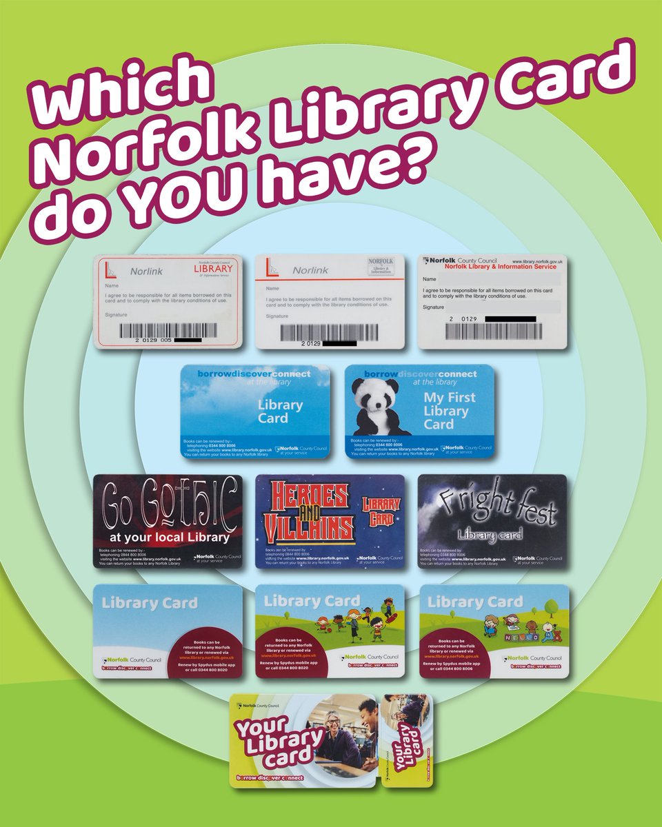 NorfolkLibs's tweet photo. To start off #LibrariesWeek, many UK libraries are sharing their library cards today (search #MyLibraryCard). But we thought we'd go one better and share our newest card AND all of our old ones too! Do you have any of these? Let us know in the comments! https://t.co/wY8ZPndVRP