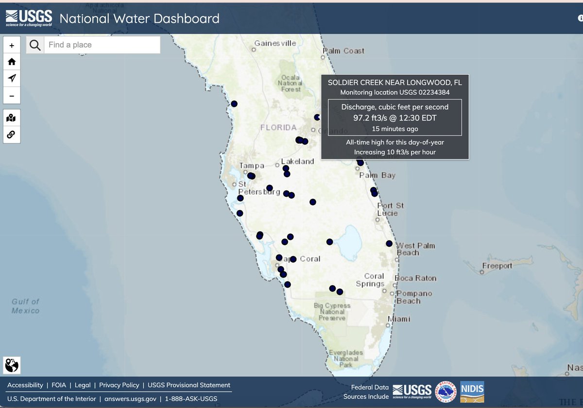 Reminder: #HurricaneIan isnt only a SW Florida issue. This is a map of where we are seeing All-time daily  highs for streamflow discharge, Many are rapidly increasing
=
Flash Flooding is likely occurring now or soon. 

Notice many are far from landfall

dashboard.waterdata.usgs.gov/app/nwd/?regio…