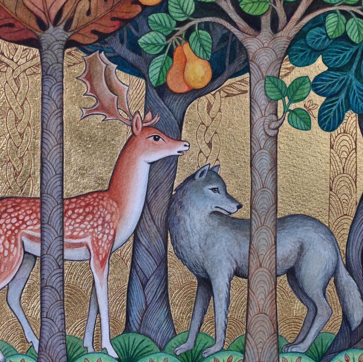 lindaedwardsart's tweet photo. Good to hear, amid much bad news, that wolves are returning to Europe. Much maligned and beautiful creatures. 
#wolf #greywolf #goldleafart #lovewolves #forest https://t.co/Lw0CGbsG7E