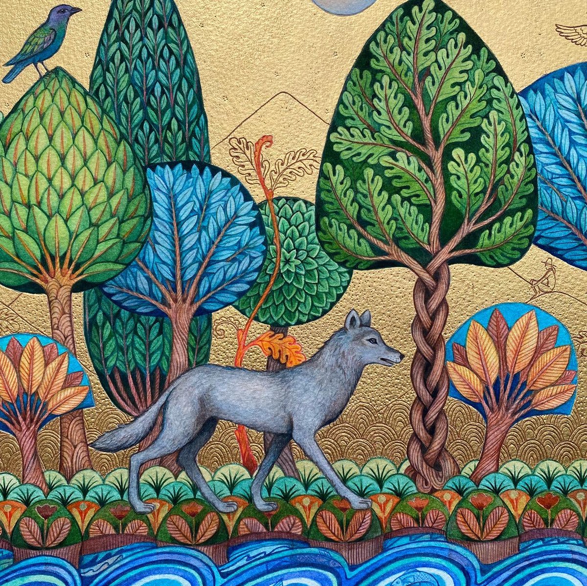 lindaedwardsart's tweet photo. Good to hear, amid much bad news, that wolves are returning to Europe. Much maligned and beautiful creatures. 
#wolf #greywolf #goldleafart #lovewolves #forest https://t.co/Lw0CGbsG7E