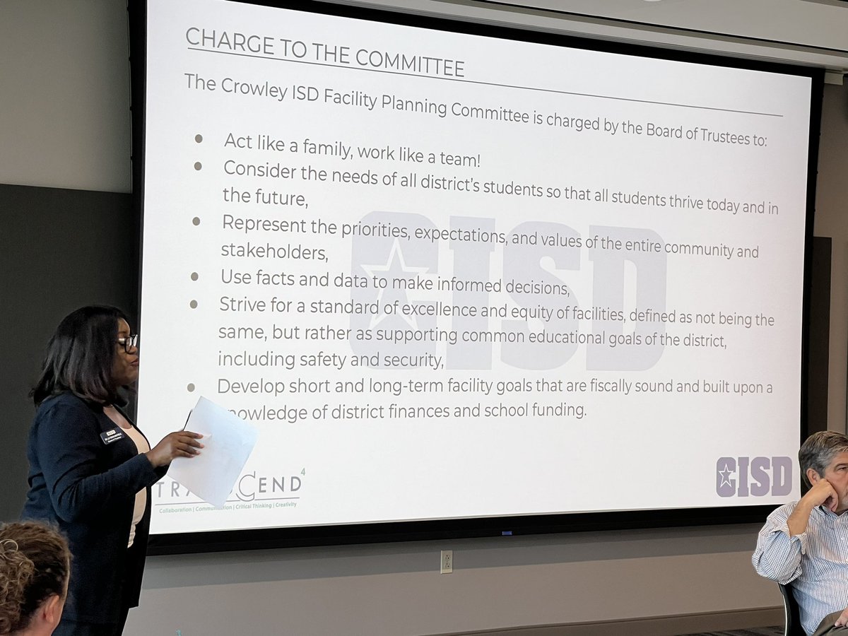 jrimato's tweet photo. The Crowley ISD facility planning committee spent last night learning about the community approved 2007 bond projects and how Tx school finance works. I’m so happy to be working with this dynamic group that has pledged to put students first. @CrowleyISD @TCend4 @VLKArchitects https://t.co/eOMgShwY51