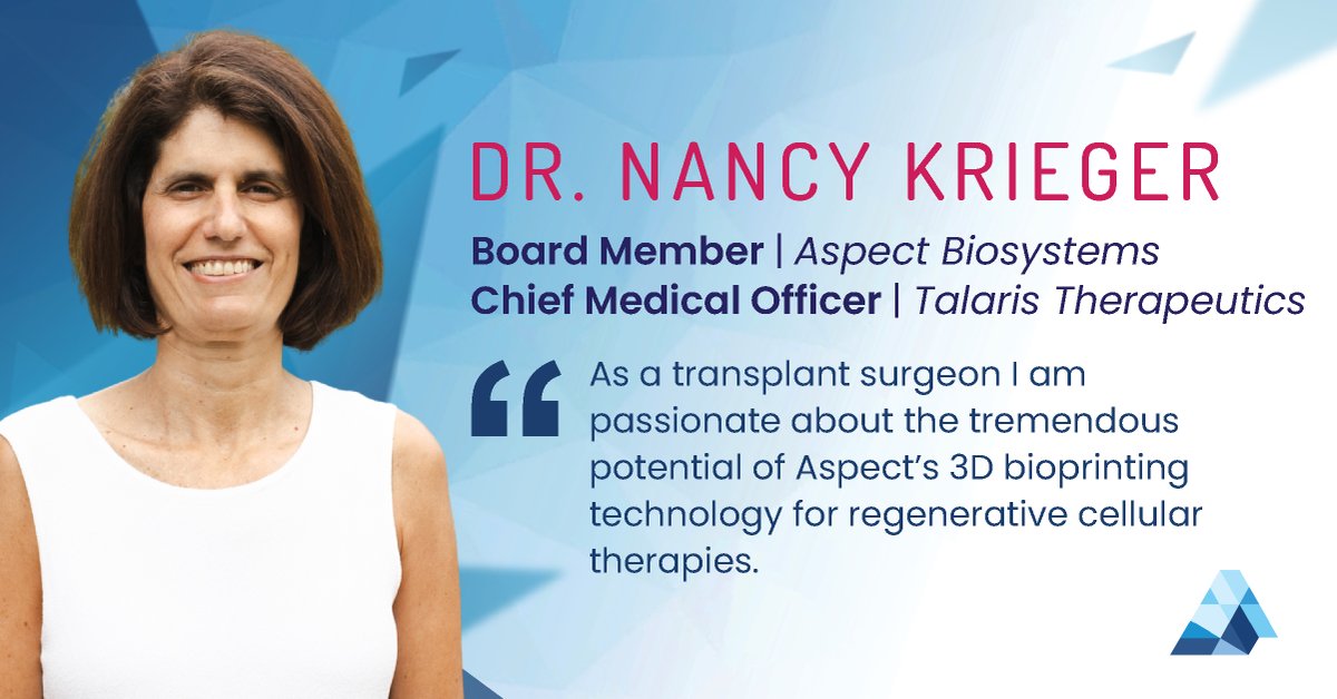 aspectbiosys's tweet photo. Welcome Dr. Nancy Krieger (@nrkrieger) to our Board of Directors 🎉

Dr. Krieger is the Chief Medical Officer of @TalarisTx and has 18+ years of global experience in the biopharma industry. 

Learn more about our three new board members: https://t.co/pqngibTrA0 https://t.co/Mu6CeDsId5