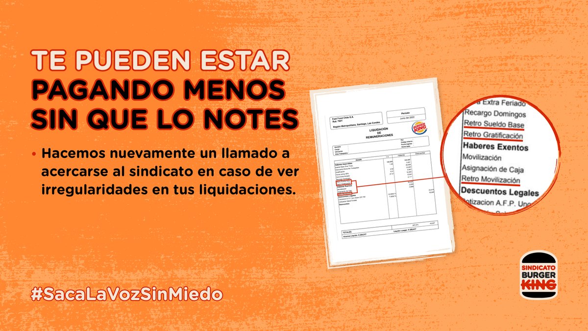 Burger King continúa realizando retro descuentos y sobregiros a nuestras liquidaciones.
Como sindicato te recomendamos revisar todas tus liquidaciones y verificar si figuran los ítem “retro descuentos” o “sobregiros”. Si los ves, denuncia con nosotros y envíanos tu liquidación.