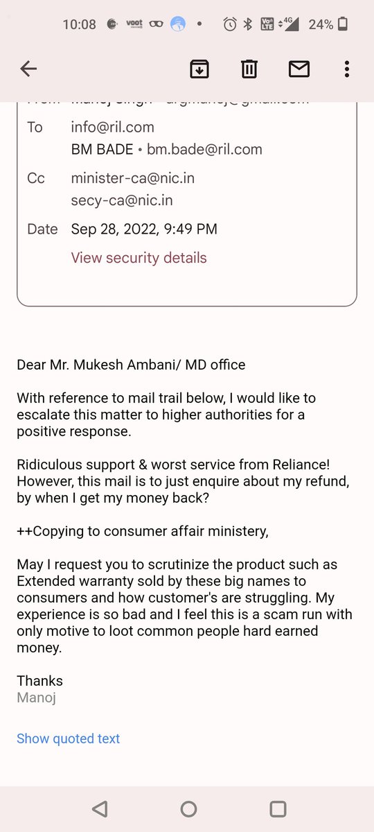 techie_manojs's tweet image. Dear @PiyushGoyal jee ,@jagograhakjago, kindly ignore my mail &amp;amp; this tweet if this matter doesnt fall  under CA ministry purview. Wondering how many complaints against @RelianceDigital with poor respones all over net. My issue detail in mail trail sent to you this evening!