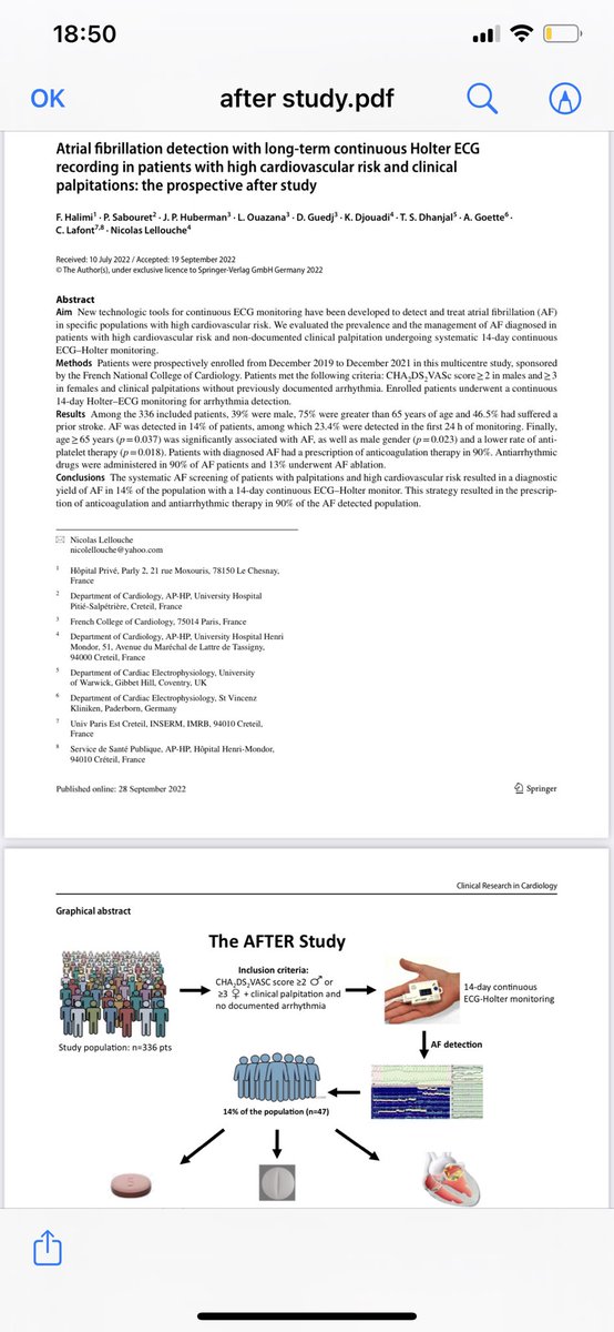 SABOURETCardio's tweet photo. A good news after a busy day with a very early beginning. The #AFTERstudy led by @CNCFCardio is online. Thanks to all investigators and coauthors #AF #DetectAF https://t.co/83FruqSMnZ
