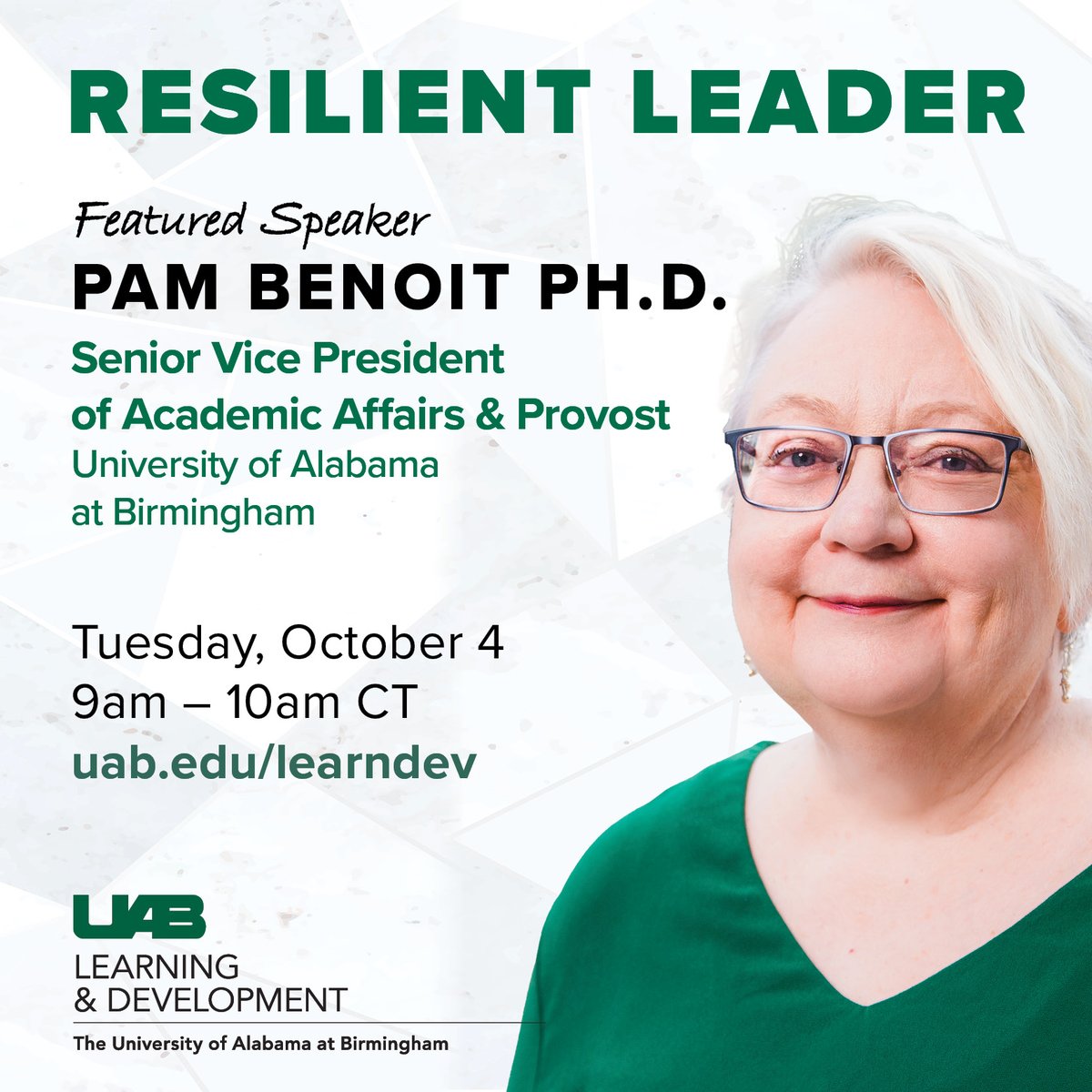 tinyurl.com/5yw4jc3a. This program brings together faculty &amp; staff who are eager to hear from leaders across UAB. Everyone is welcome to join &amp; learn about leadership. Featured Speaker is Dr. Pam Benoit, SVP of Academic Affairs &amp; Provost. Tuesday, October 4 from 9 am to 10 am.