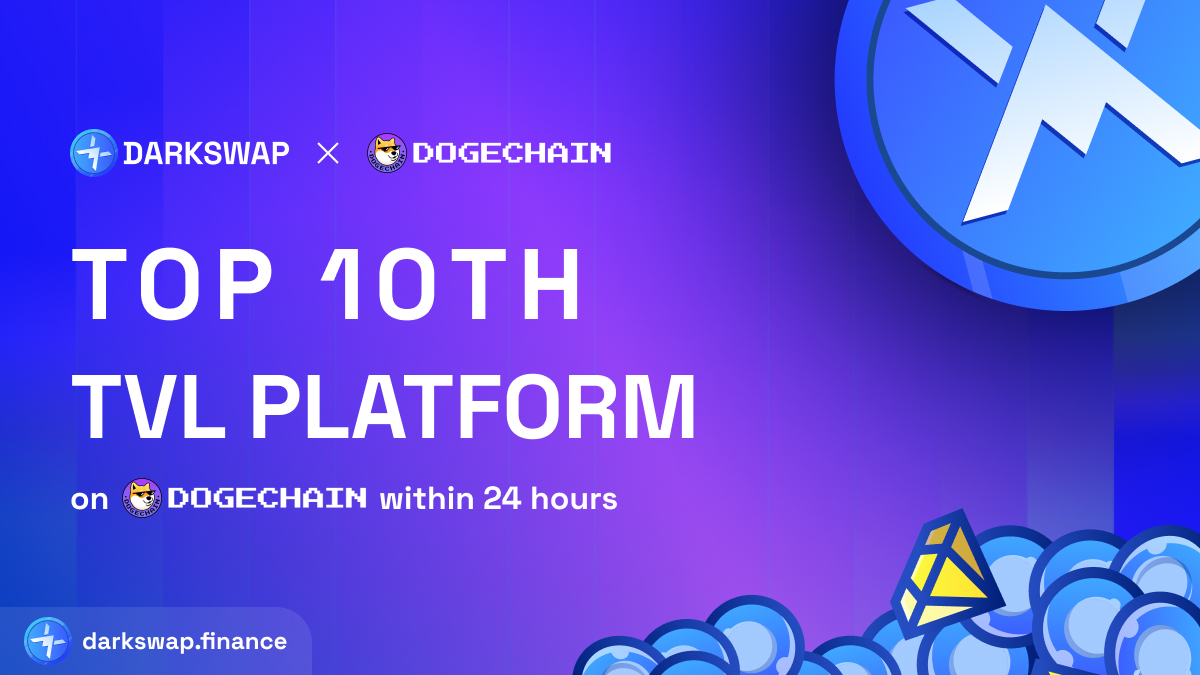INCREDIBLE!!!🌟
😎Within 24 hours after launch, DarkSwap is really honored to be the 10th top TVL project on <a href="/DogeChainFamily/">Dogechain💜</a>!!!
Thank you so much for making this happen!
Let's join our tempting APR here
👉darkswap.finance/farms
and happy farming 🧑‍🌾
#Dogechainfamily  #darkswap