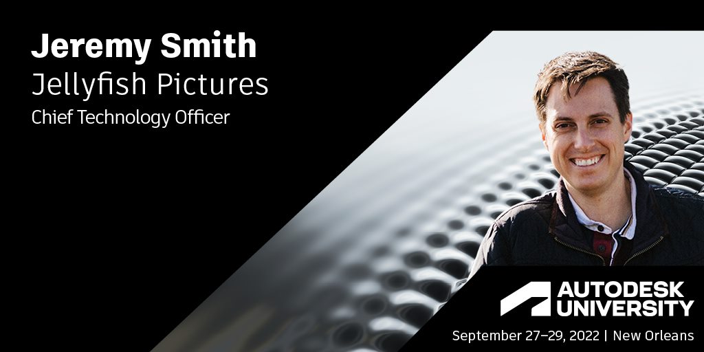 #AU2022 welcomes Jeremy Smith, CTO of Jellyfish Pictures, to the stage. Jellyfish Pictures is a fully virtual visual effects and animation studio credited with projects like Star Wars and Stranger Things.