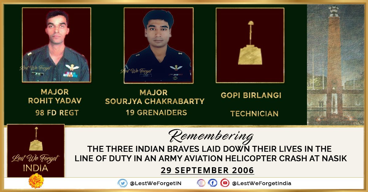 LestWeForgetIN's tweet photo. #LestWeForgetIndia🇮🇳 Maj Rohit Yadav, Maj Sourjya Chakrabarty and Technician Gopi Birlangi laid down their lives in an #ArmyAviation Cheetah helicopter crash during a routine training-flying mission at Nasik #OnThisDay 29 September in 2006

Remember the three #IndianBraves always https://t.co/umNl08BLGu