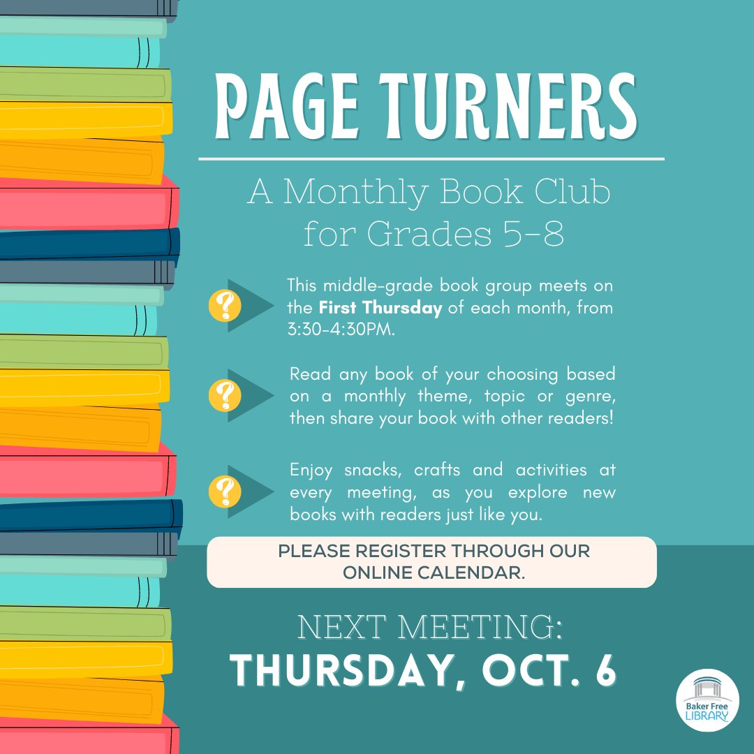 bownhlibrary's tweet photo. Register for October's Page Turners Book Club today!

#bookclub #middlegradebooks #bakerfreelibrary #middlegrade #booktalk https://t.co/vOPVObpRoO