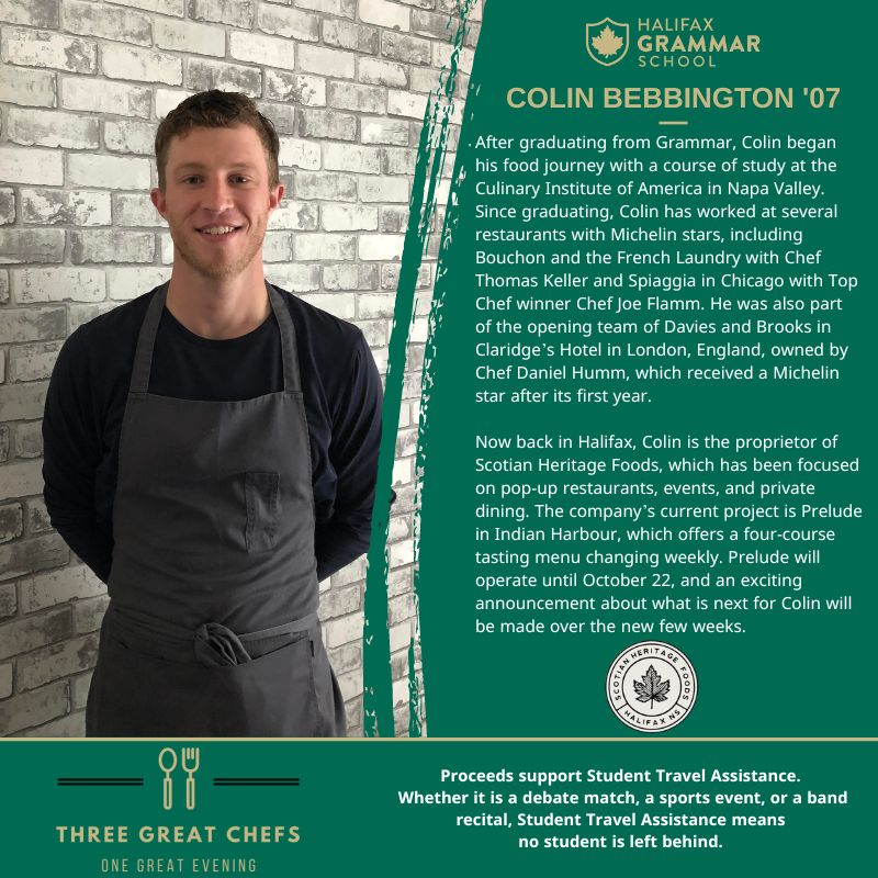 halifaxgrammar's tweet photo. For our first Chef Spotlight for the Three Great Chefs Fundraiser, meet Chef Colin Bebbington '07 returning for a second year! Check him out on Instagram at Scotian Heritage Foods.
#halifaxgrammar #threegreatchefs #onegrammar https://t.co/yj0aWeMjqI