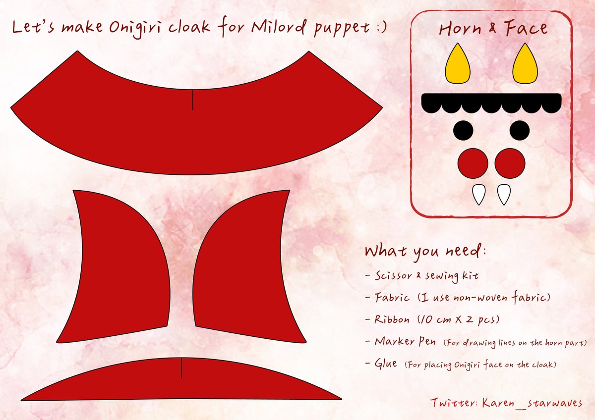 Karen_starwaves's tweet photo. Finally made a Onigiri cloak for Milord puppet :)

You can find the sewing pattern below, please noted it is ONLY for Self-use.

(I've try my best to write the steps in English, please tell me if there is any mistake :)
#Akuryulic #Nijipuppet https://t.co/fhtwngTjEt