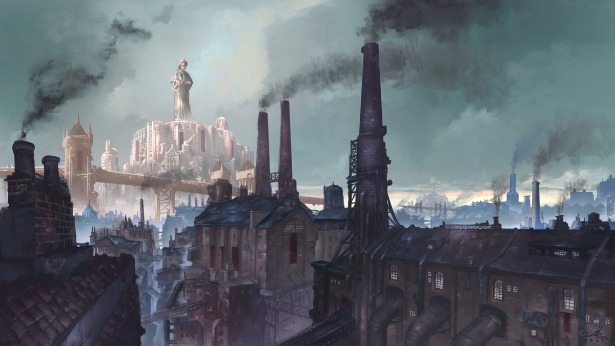 Greetings from Wynstann, the Humble Beacon of Lundonstoch. 
Under her eyes, the Working Class meticulously built its District following the tuitions of Juno of None, the Rifle's Strike hero.

#unity3d #gamedev #indiegame #IndieGameDev #Kickstarter #RPG #steampunk #artwork #game