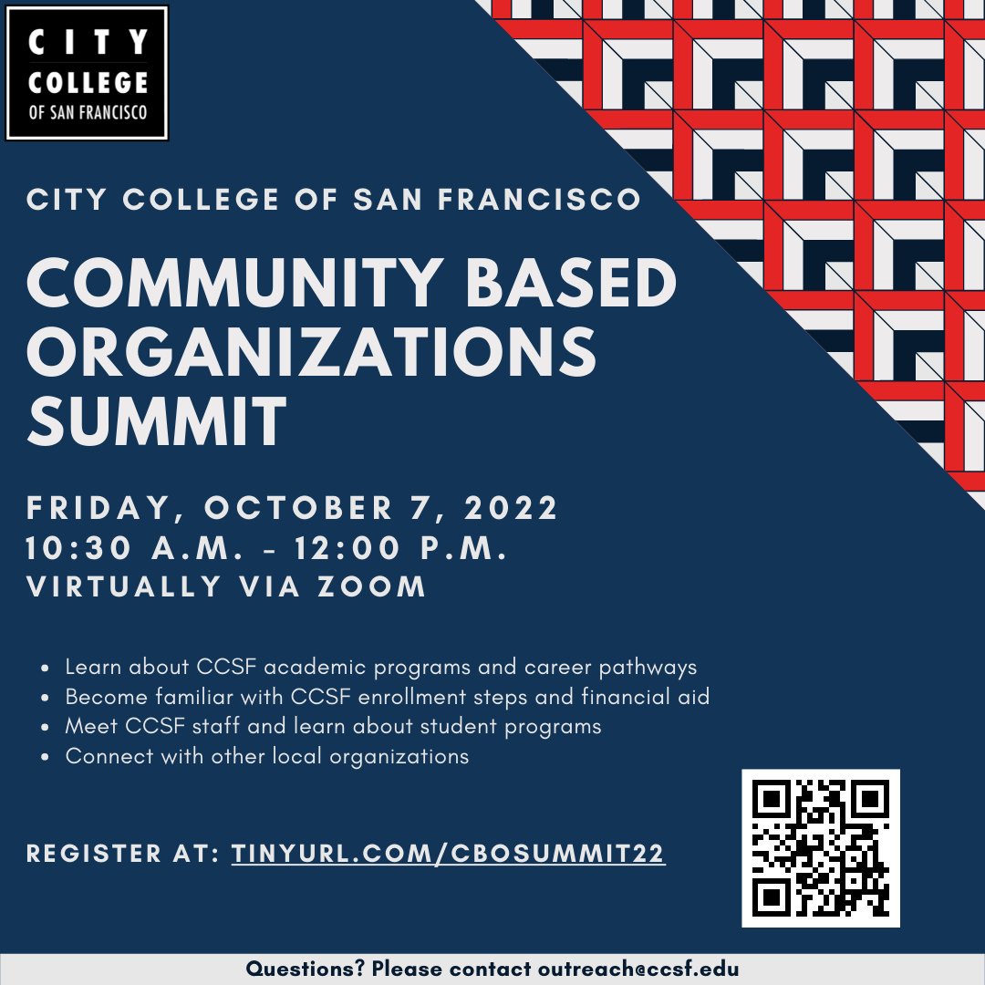 OfficialCCSF's tweet photo. Please join us virtually for our Community Based Organizations Summit on Friday, October 7. A collaborative effort among CCSF programs and resources, the summit allows us to share our work to better serve our community.
Register today at: https://t.co/d9iCGsZr4R
#CCSF #CCSFRams https://t.co/PtLcRImRw5