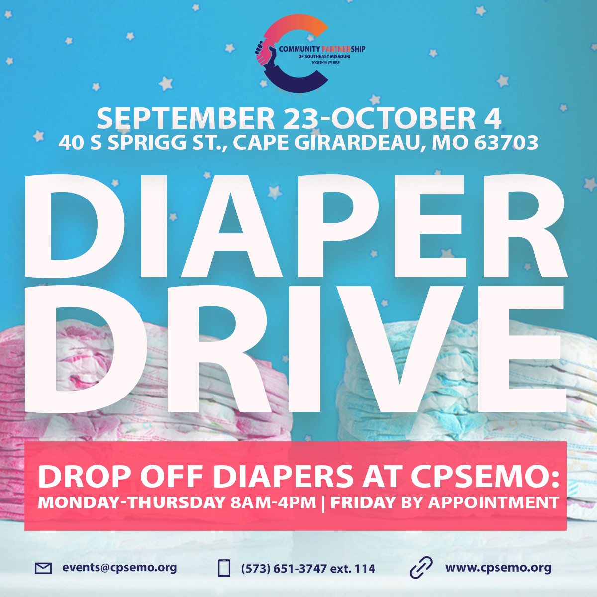 Mid-week reminder of our diaper drive!! 👶👶 Bring an new and unopened packages of diapers that you can to help! Missouri's 8 diaper banks distribute 7,587,229 diapers annually. 🍼
Stop by and donate what you can! 
*
*
#CPSEMO #DiaperDriveWeek #Donate #Children #TogetherWeRise