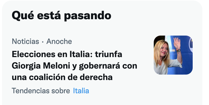 ¿Qué está pasando en @TwitterEspana? Pues que triunfa Meloni, no sabemos de qué partido es, y que va a gobernar con la derecha. Y así es como la extrema derecha se diluye y se mira con buenos ojos porque luego son 'políticamente incorrectos'.