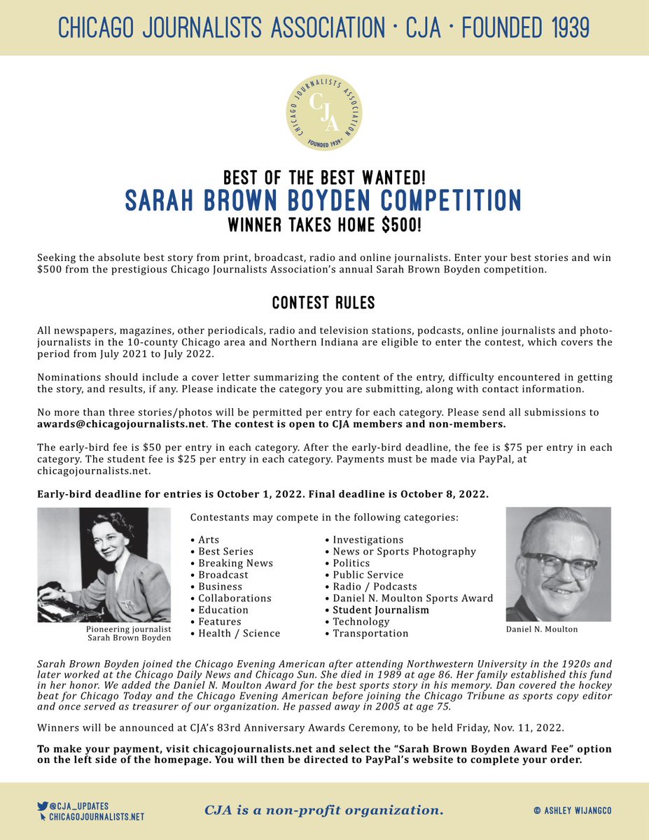 #ILLINOIS & #INDIANA #JOURNALISTS! The early-bird deadline for our #DorothyStorckAward & #SarahBrownBoydenAwards is THIS SATURDAY! A total of $1,500 is up for grabs! Don't miss out! Apply: $50/entry | awards@chicagojournalists.net *Student cost: $25/entry