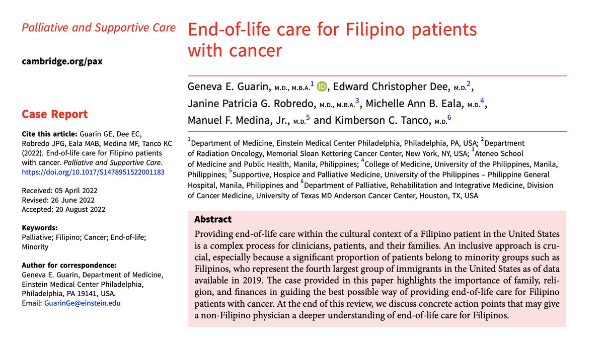 📝 In #Palliative and #Supportive #Care, we highlight #cultural perspectives in #end of #life care for #Filipino patients with #cancer. 🇵🇭 For many, #faith, #family, and #finances are key considerations. 🙏 Drs @BlazingBiba @JPGRobredo @MichelleEalaMD Manuel Medina @KimTanco