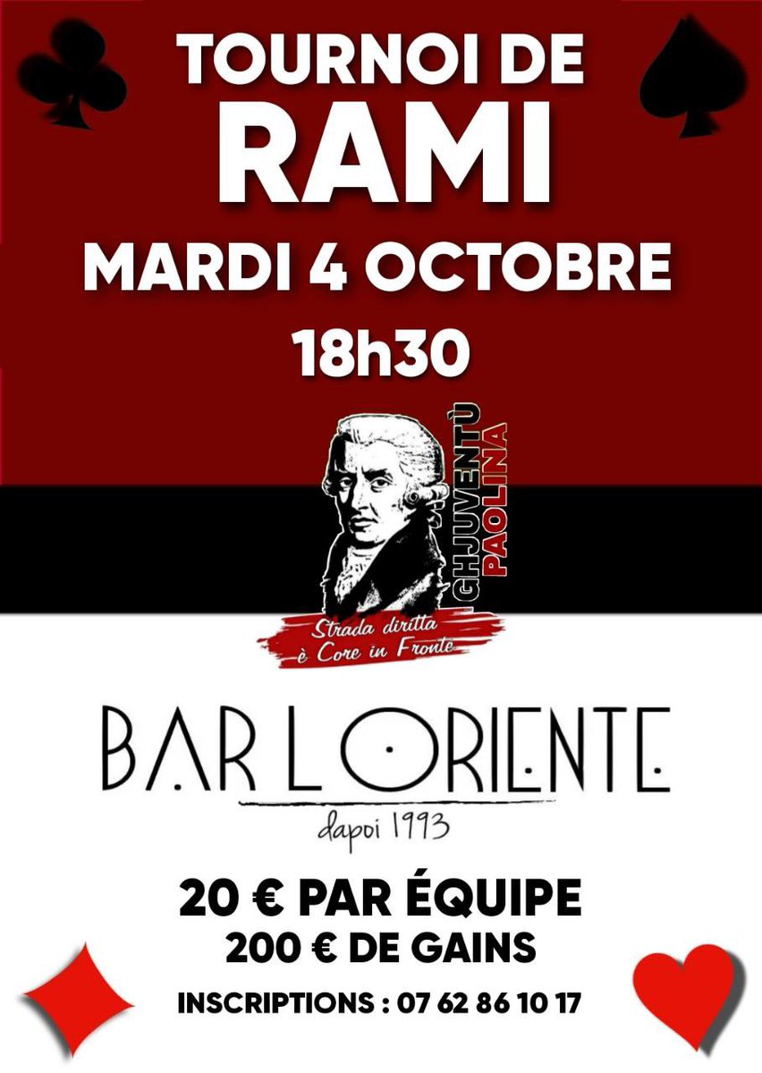 Ghju_Paolina's tweet photo. ♣️♥️♠️♦️

V’aspittemu numarosi pà u nosciu sicondu turneu di rami ! 

🗓️Marti u 4 d’ottobre 
📍L’oriente https://t.co/Yv6IExoTVV