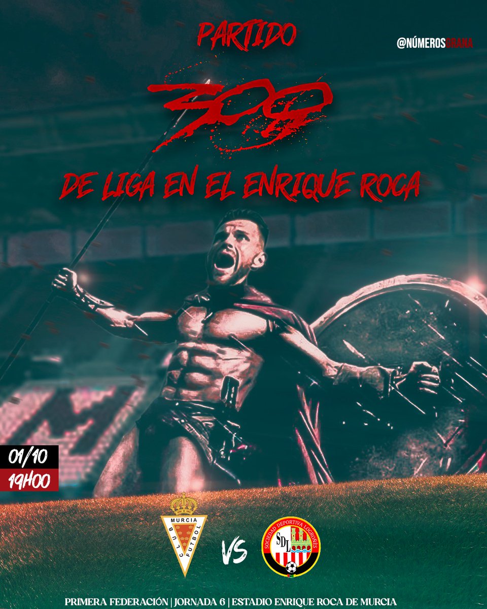 🔴 CARTEL 🔴

Esta semana <a href="/a_carrasco9/">Andres Carrasco</a> se transforma en espartano para conmemorar el partido número 3️⃣0️⃣0️⃣ del Real Murcia en competición liguera en el Enrique Roca.

<a href="/realmurciacfsad/">Real Murcia CF</a> vs <a href="/SDLogrones/">SD Logroñés</a> 
🗓️ 01/10/2022
⏰ 19:00
🏟️ Enrique Roca de Murcia