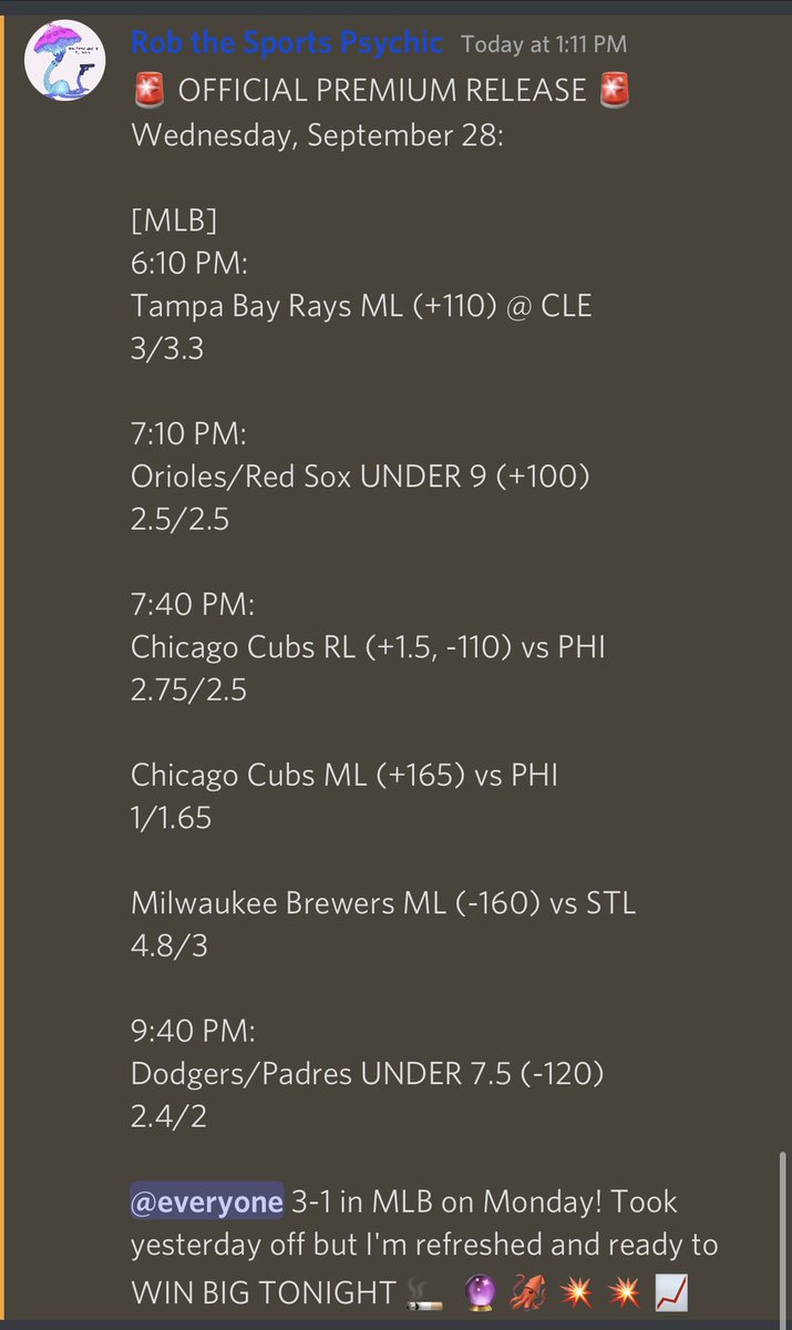 PsychicSportsIn's tweet photo. Rob the Sports Psychic’s #MLB card for 9/28 👇 let’s have another #WINNING day team! Join us to get daily #FreePicks on our discord: https://t.co/LzCTM1wWE3 #GamblingTwitter #MLBcard #SportsBet #bettingtwitter https://t.co/0VTTRtKubJ