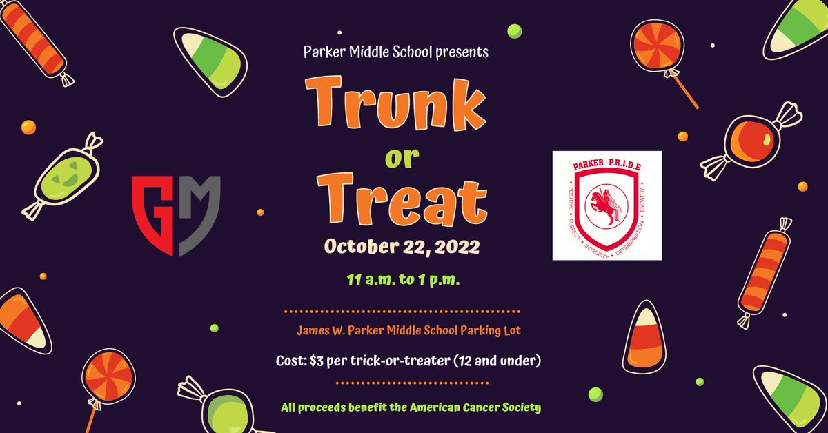 Please join Parker Middle School students and staff for a Trunk or Treat event on 10/22 from 11a-1p. 👻 🎃  All proceeds will benefit the <a href="/AmericanCancer/">American Cancer Society</a> #gmsd #generalmclane