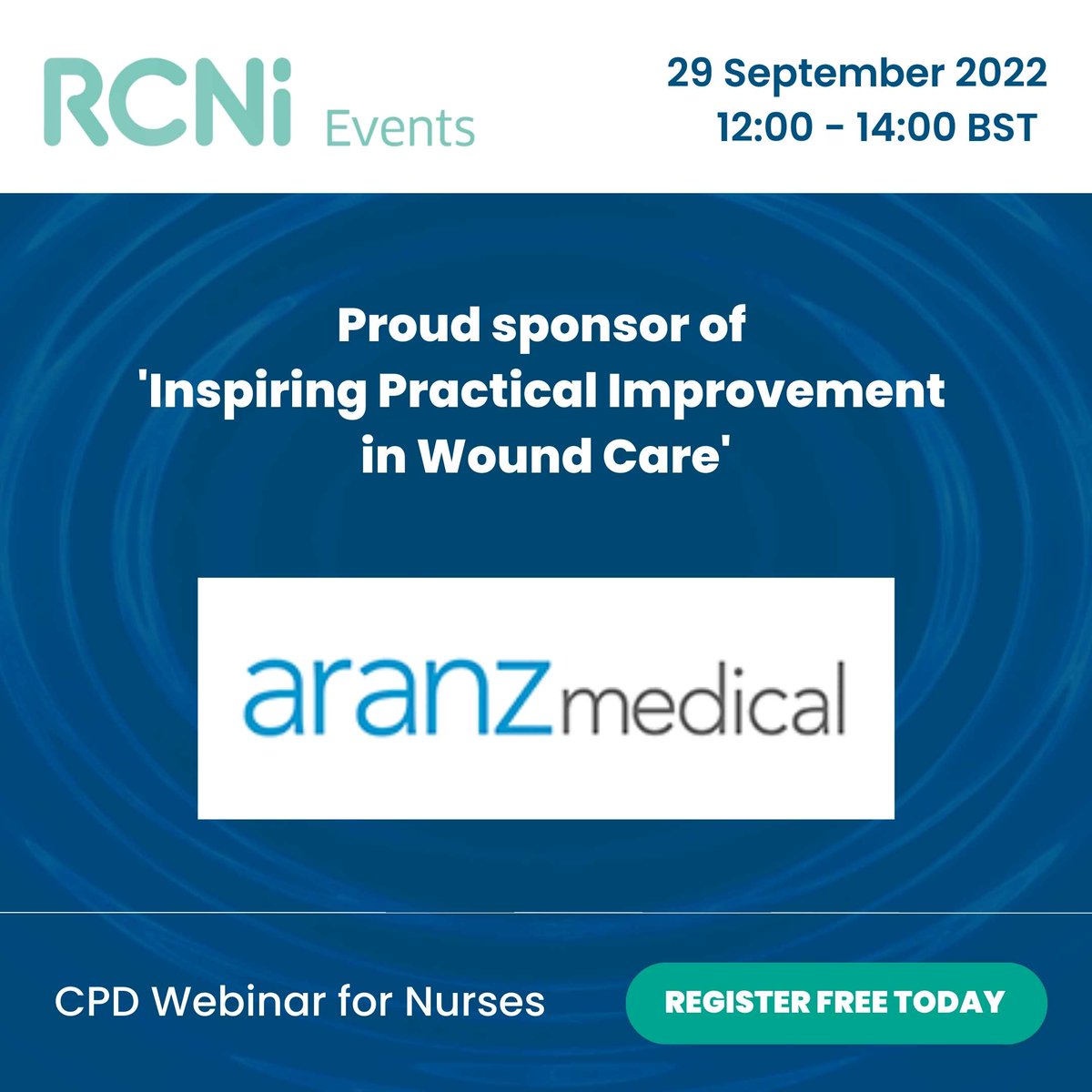 AchalaPatel's tweet photo. RCNi Webinar, Thursday 29 September, 12:00 to 14:00 BST. 
Expert speakers will be exploring the potential of digital data and information as a powerful tool for better wound outcomes and care experience for patients.
@RCNi :: Nursing Standard https://t.co/YfW2VBfBmF