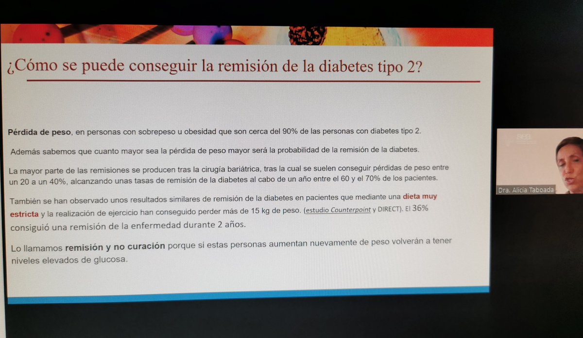 sea_es's tweet photo. Continuamos el #seminarioSEA con la Dra Alícia Taboada @TaboadaDuro

La pérdida de peso corporal puede conducir a la remisión de la #diabetes2, a través de la pérdida de grasa abdominal, especialmente en el hígado y páncreas https://t.co/cWv3DCF5u2