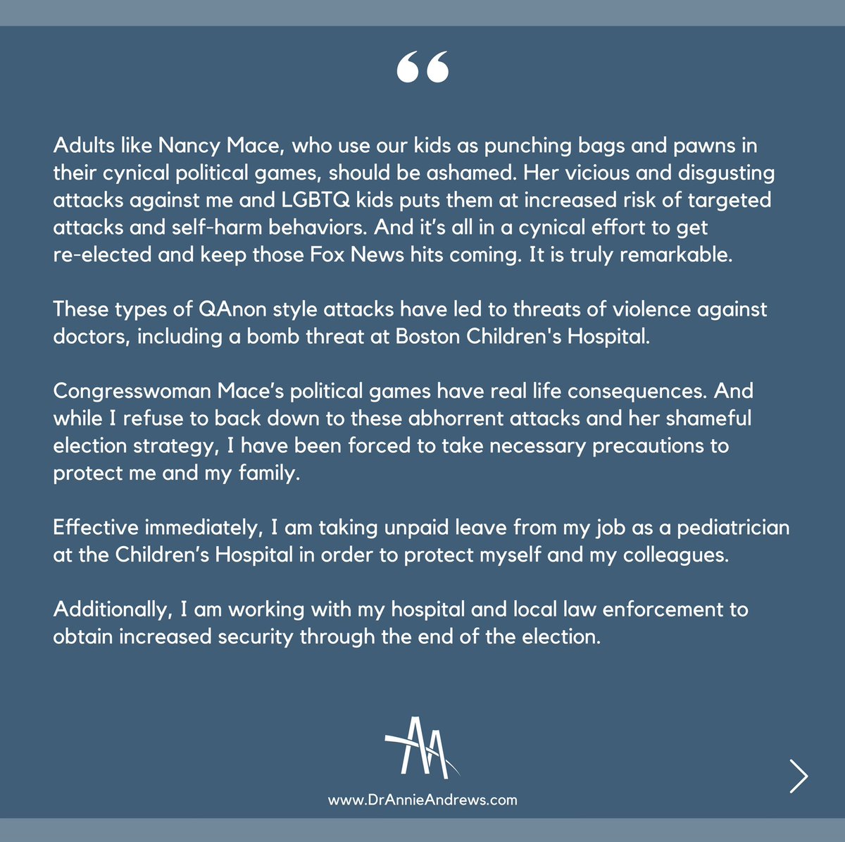 AnnieAndrewsMD's tweet image. My full response to @NancyMace’s bigoted attacks: