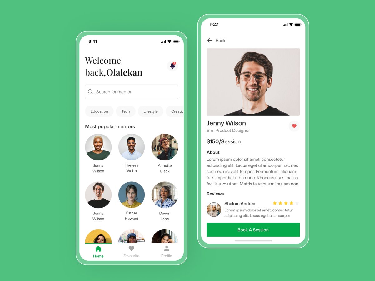 _oladaramola's tweet photo. I designed an interface for a mentorship app, that allows users to search for mentors based on different categories they desire.

You can read others' review about a particular mentor, know the rate he/she charges, and book a session. https://t.co/duteyqFVDc