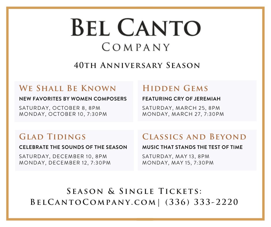 BelCantoCo's tweet photo. Mark your calendars for our 40th Anniversary Season performances, we guarantee you won't want to miss a single show! 
https://t.co/9bBHamgRsJ

#greensboroevents #ncarts #greensboroarts #ArtsGSO #CreativeGreensboro #BelCanto #beautifulsinging    #downtowngreensboro https://t.co/jiOMFC9b3R