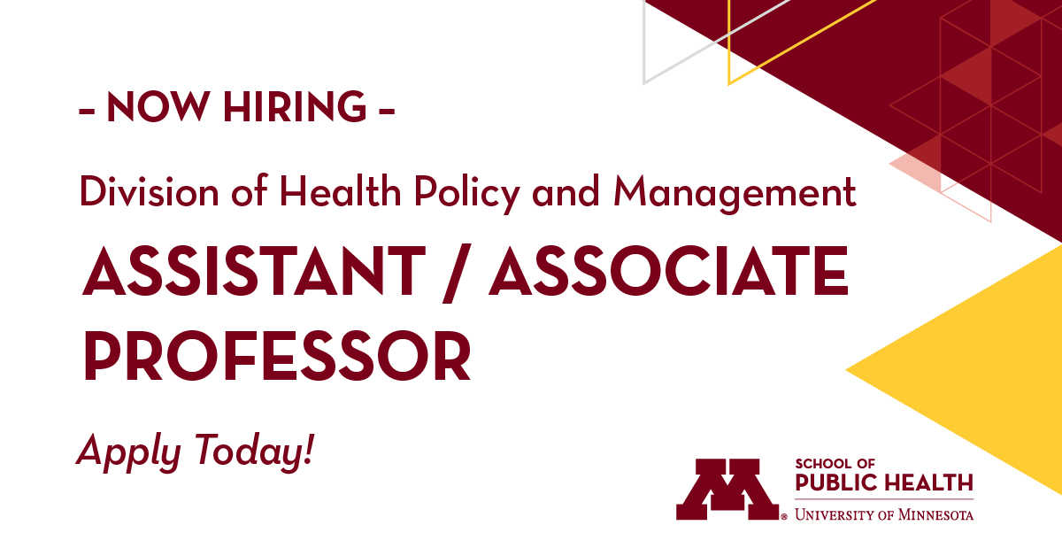 PublicHealthUMN's tweet photo. 🚨 #NowHiring 🚨

The Division of Health Policy and Management, located within the University of Minnesota School of Public Health, is seeking applicants for a full-time Assistant (tenure-track) or Associate Professor (with tenure) position to begin August 2023.

Apply below ⬇️ https://t.co/bCfEVmSIkl