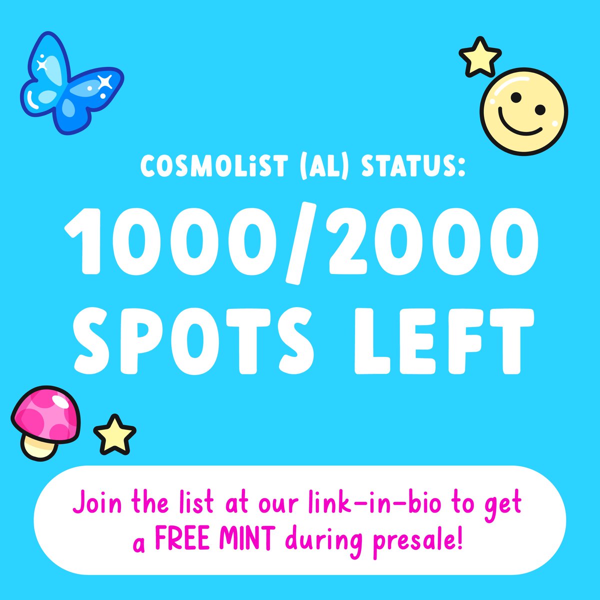 GM Space Babes!

We’ve got less than 1000 spots left on the CosmoList (AL)! 😲

If you or any of your friends want a FREE MINT in the upcoming collection, sign up now! (Link in bio)