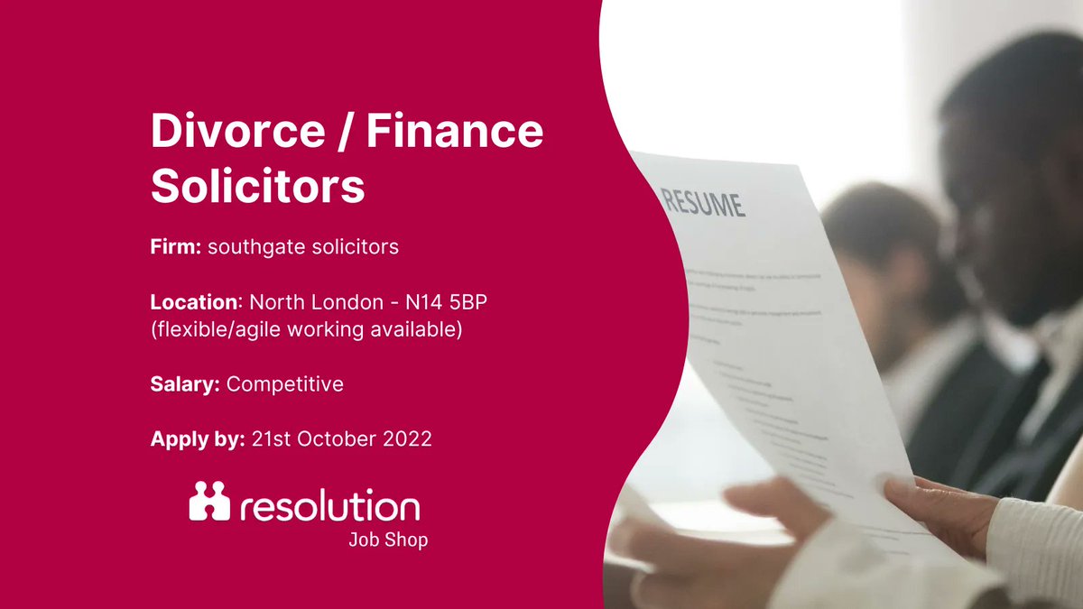NEW JOB: <a href="/SouthgateSols/">southgate solicitors</a> are recruiting divorce / finance solicitors to join their team based in North London. Legal aid experience is preferable, but not essential. Apply by 20 October ➡️ buff.ly/3E23lcz