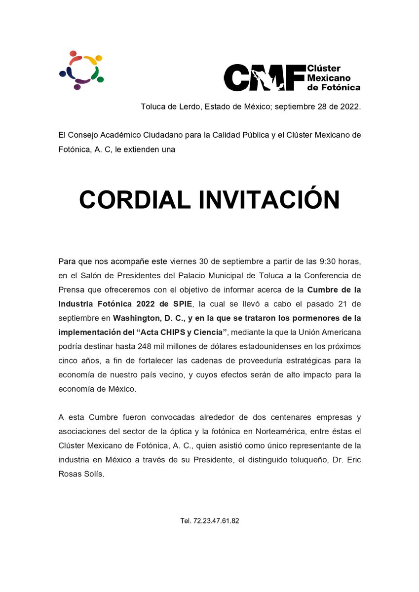 Les esperamos este viernes 30 de septiembre a partir de las 09h00 en el Salón de Presidentes del Palacio Municipal de Toluca.

Platicaremos acerca de lo sucedido en la #CumbreDeLaIndustriaFotónica2022 realizada el 21 de septiembre pasado en Washington, D. C.