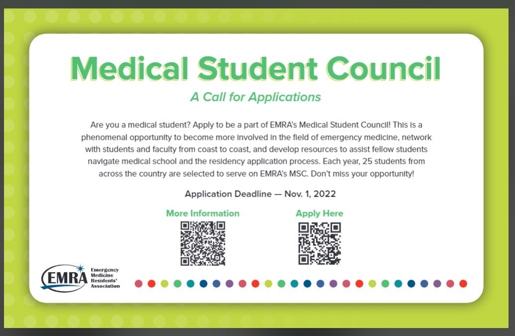 Hey 2nd &amp; 3rd year #EMBound Students! Remember to apply to the EMRA Med Student Council by November 1st! One of the best decisions I ever made! <a href="/emresidents/">emresidents</a> has given me the most amazing opportunities and some of the best friends I could ever ask for <3