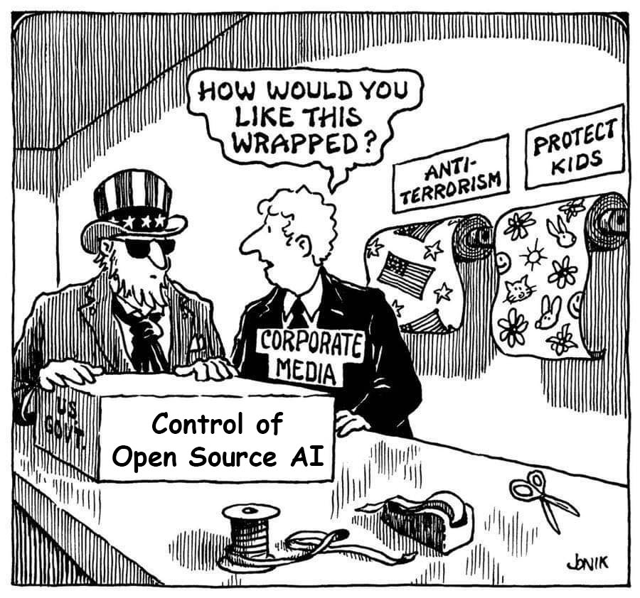 Attacks on open source AI are nothing but a remix of attacks on free speech on the net in the 1990s/2000s or attacks on strong encryption against Netscape.

Original political cartoon by John Jonik on control of internet speech, remixed.