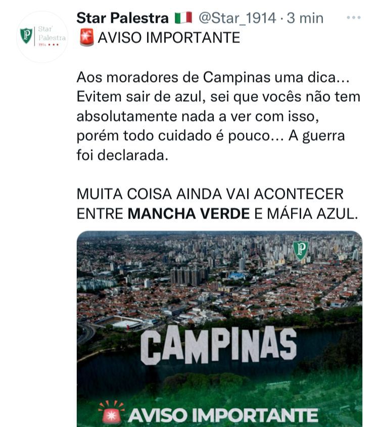 conexaocec's tweet photo. ⚠️ ATENÇÃO

Mancha Verde declarando guerra à Máfia Azul.

TOMEM CUIDADO!!! https://t.co/LQtaK9zDhA
