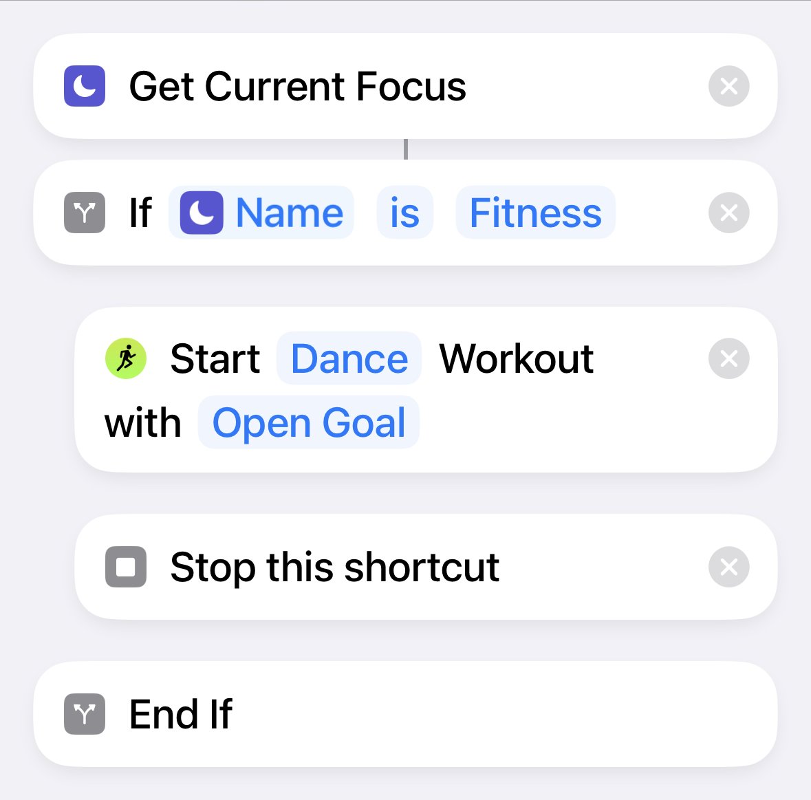 RosemaryOrchard's tweet photo. A quick look at how I’m using the action button on my Apple Watch Ultra.

Get Focus Mode
If Focus Mode is Fitness

Start Dance Workout with an Open Goal
Stop Shortcut https://t.co/c8GoO48JzM