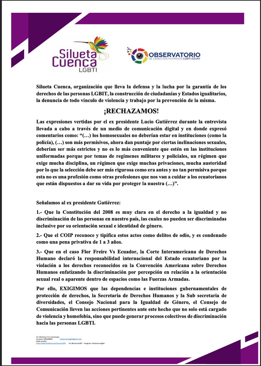 ¡RECHAZAMOS! Las declaraciones del ex presidente <a href="/LucioGutierrez3/">Lucio Gutiérrez</a> y su intervención violenta y cargada de homofobia hacías las personas LGBTI y exigimos <a href="/CCPDCUENCA/">Consejo Cantonal de Protección de Derechos Cuenca</a> <a href="/DDHH_Ec/">Viceministerio de la Mujer y Derechos Humanos</a> <a href="/DEFENSORIAEC/">Defensoría del Pueblo de Ecuador</a> <a href="/Paoflouj/">Paola Flores</a> <a href="/fabianleonm/">fabian leon</a> el acompañar y denunciar este hecho dado durante la entrevista.