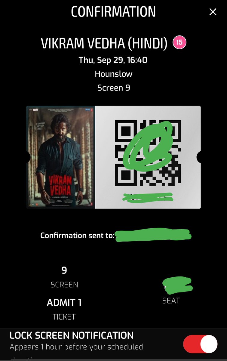 WOOHOO watching #VikramVedha on 29 SEP 🤩🤩🥳🥳🥳 couldn't resist after seeing BLOCKBUSTER #VikramVedhaReview ⭐⭐⭐⭐⭐ Booked my '3rd Show'...12 MORE TO GO 💪💪💪 #Cineworld #Hounslow #London #HrithikRoshan #SaifAliKhan