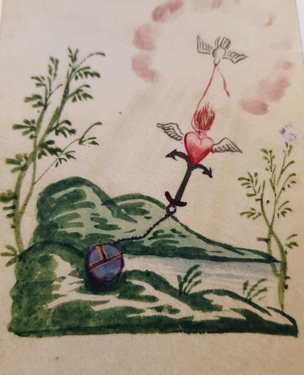 Devotionalprint's tweet photo. Even "simple" devotional prints, such as this 18th century copy on parchment, are not always easy to describe:"The Gift of Counsel is obtained through prayer and detachment from the world". And, that's it!
#symbolism
#explain
#devotieprenten
@arthistnetwork
#emblemata https://t.co/8gm4Sd8h4i