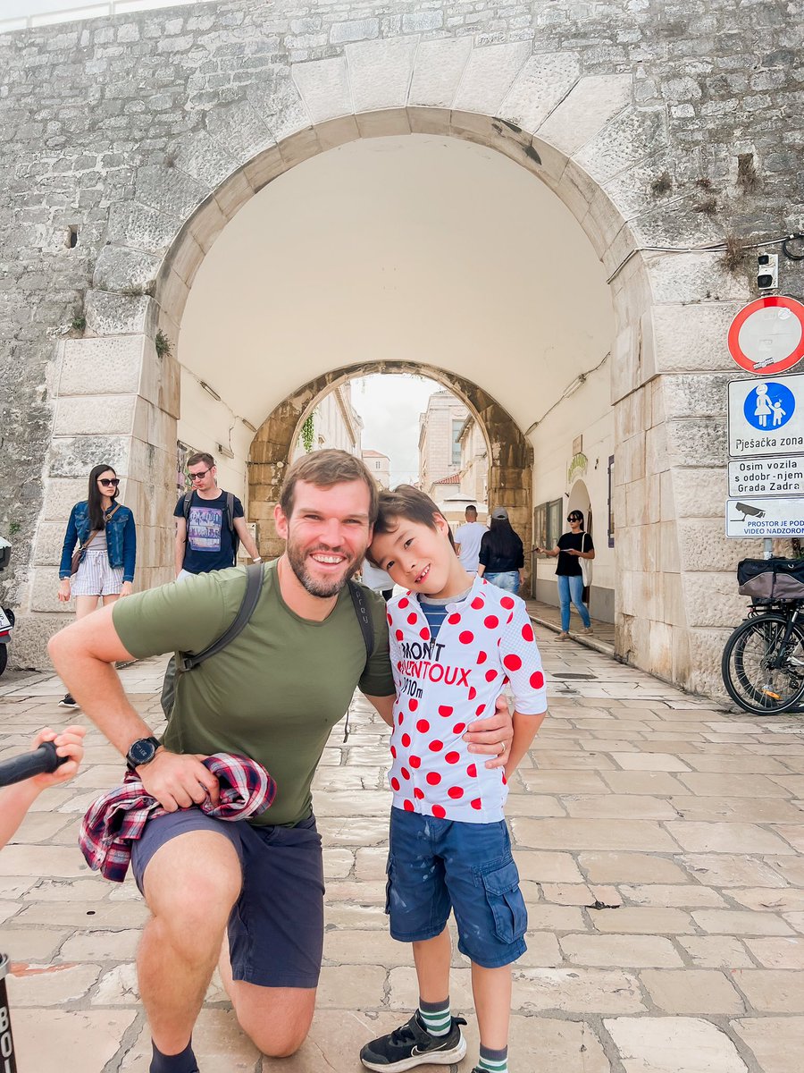 MarcusGLeach's tweet photo. What an incredible afternoon in Zadar watching the finish of stage two of Cro Race, with the highlight being Harrison meeting @LeTour champion Jonas Vingegaard. #cycling #onehappyboy https://t.co/WtypWM1mAY