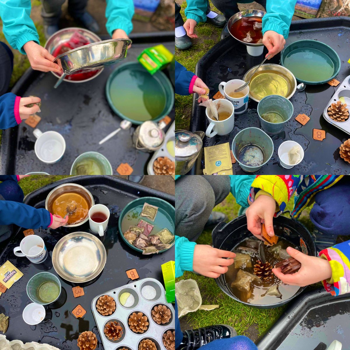 Anyone for a cup of Rainbow Tea and and some Number Soup?🌈

“That smells so nice!”🍓

“Look it’s changing colour!”🤩

Lots of wonderful chatter, using our senses, exploring, pouring, filling, emptying, counting, role play ❤️

#play4p1 #childsvoice #Outdoors #MathsWeekScotland 💙