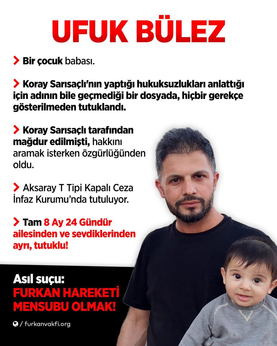 Haksız bir şekilde tutuklanıp,hiçbir delil olmadan 1 yıla  yakındır tutuklu yargılanan UfukBüleze Özgürlük istiyoruz.Bu bir lütuf değil,hukukun gereğinin yapılmasını istiyoruz.
Geciken adalet adalet değildir.