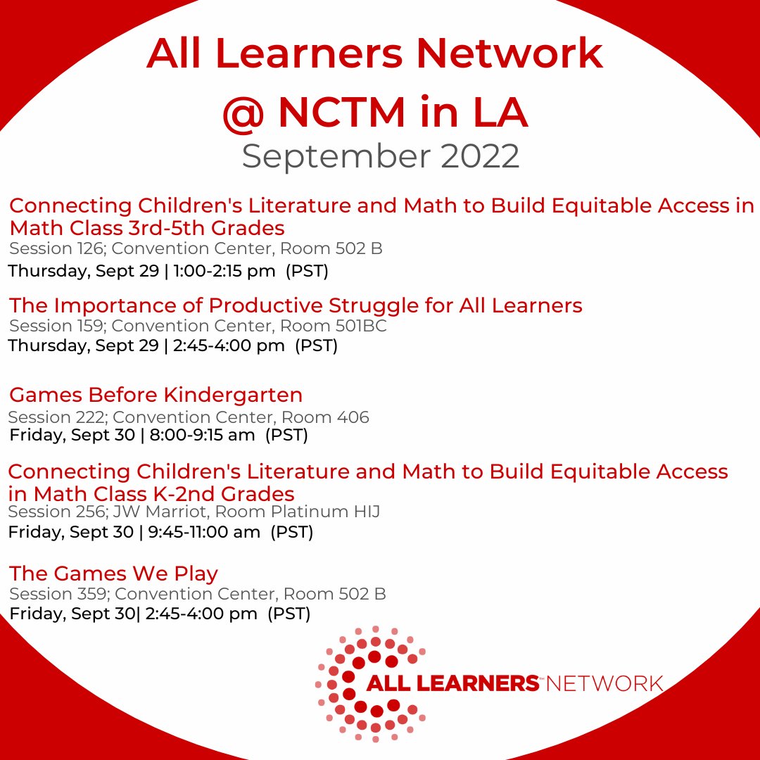 Come join the All Learners crew at one of our #NCTMLA22 #NCTM2022 Presentations!
<a href="/NCTM/">NCTM</a> 
@katieajacobsen <a href="/SleeperDeVeau/">DeVeau Sleeper</a> @missdkinders <a href="/MarlowMathVT/">Ashley Marlow</a> <a href="/teedjvt/">TJ Jemison, M. Ed. 🏳️‍🌈</a> @LillyDePino 
#Math #MathConference #Math4All